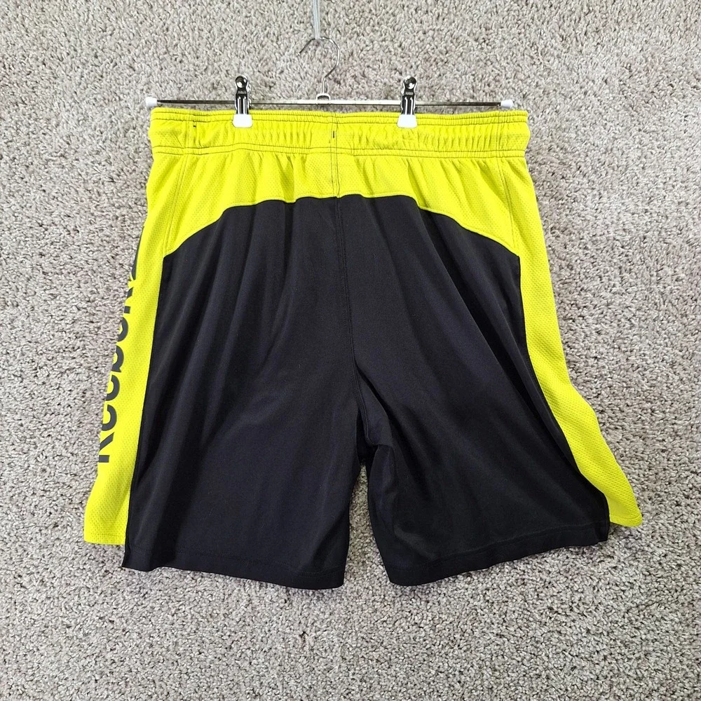 Reebok Athletic Shorts Mens Large Black Neon Yellow Logo Drawstring Gym